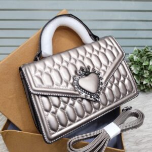 luxury quilted heart charm handbag – metallic silver gray – elegant shoulder & hand carry bag