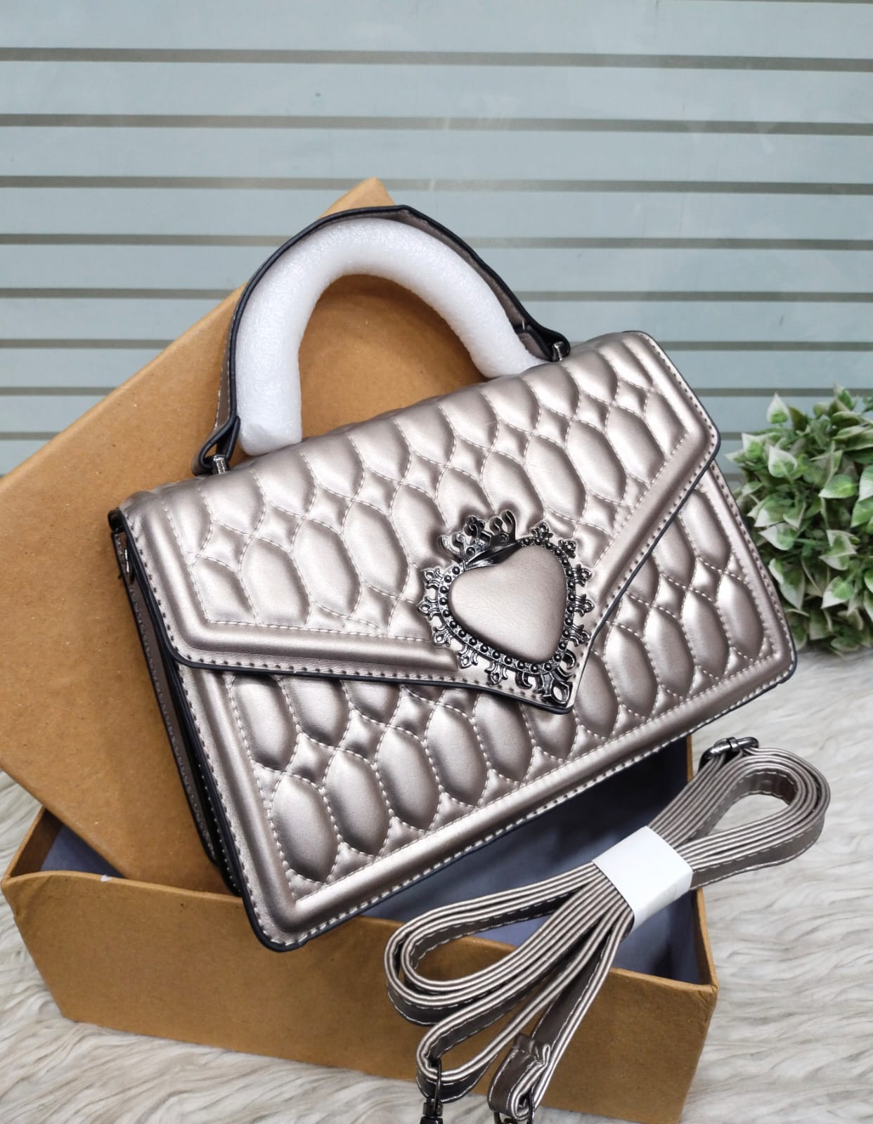 luxury quilted heart charm handbag – metallic silver gray – elegant shoulder & hand carry bag luxury quilted heart charm handbag – metallic silver gray – elegant shoulder & hand carry bag
