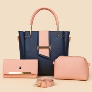 lasu elegant handbag set navy blue pink leather with gold accents