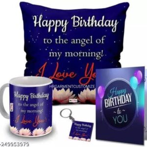 elegant gift set for loved ones pillow, mug, keychain & gift card (blue & beige)